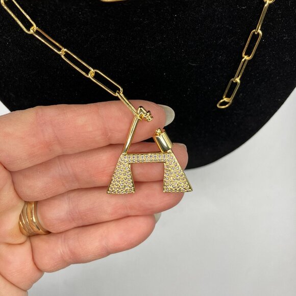 Brass Letter "A" Pendant Cubic Zirconia adjustable 20 inch Paper Clip Chain NEW - Picture 5 of 12